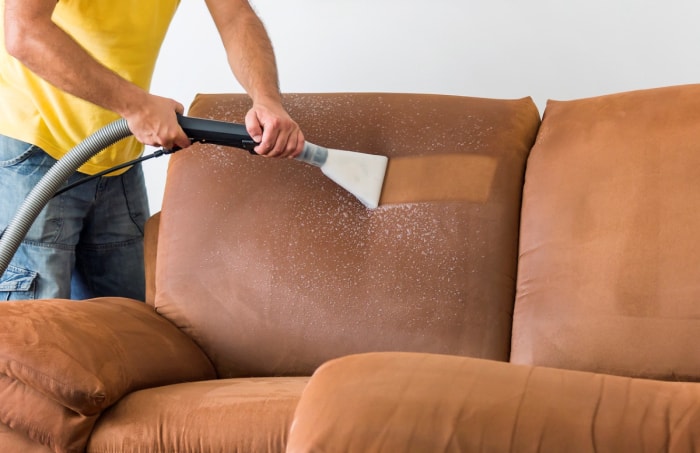 Personne utilisant un aspirateur pour nettoyer le canapé en profondeur.