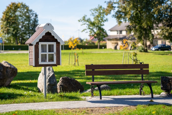 petit-libre-boîte-de-libre-au-parc-en-herbe-à-côté-d'un-banc