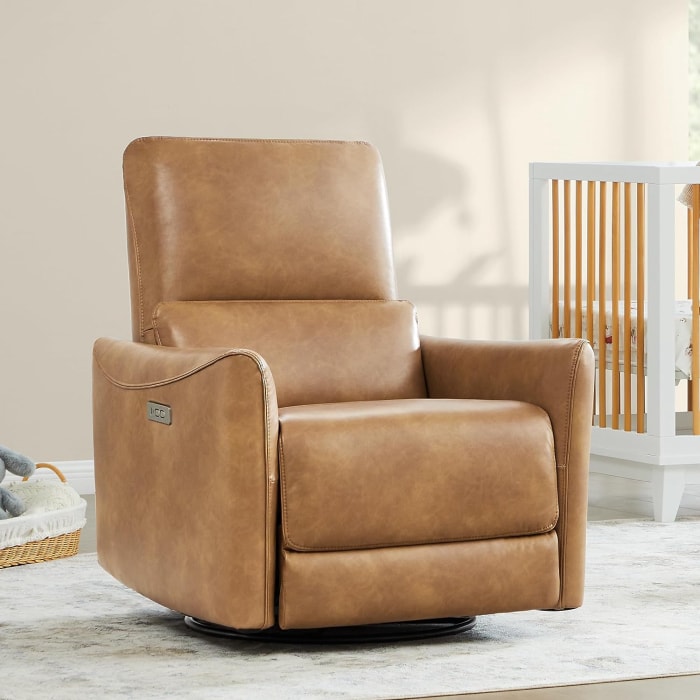 Fauteuil inclinable pivotant électrique CHITA, fauteuil de salon inclinable en similicuir rembourré avec support lombaire, marron cognac