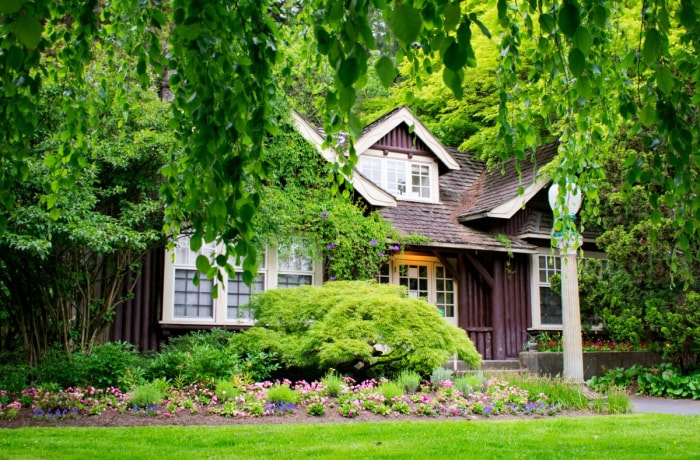 Une maison entourée d'arbres à feuilles caduques pour l'ombre et la réduction des coûts énergétiques.