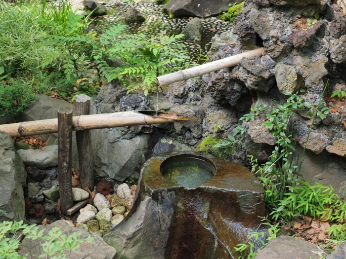 idées de jardin zen - fontaine à eau japonaise en bambou