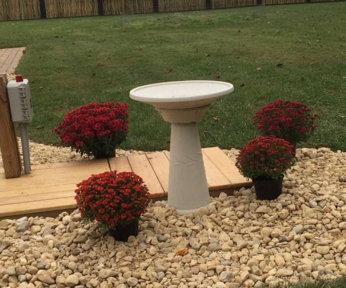 Un couvercle de ventilation septique décoratif pour bain d'oiseaux entouré de quatre pots de chrysanthèmes et d'une passerelle en planches de bois.