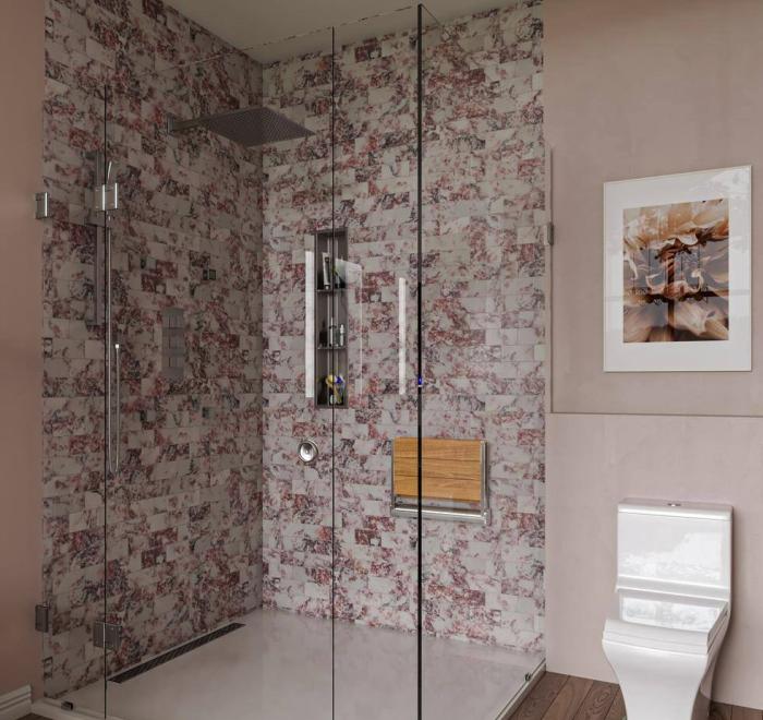 salle de bain rose avec douche carrelée en marbre avec une fine niche rectangulaire