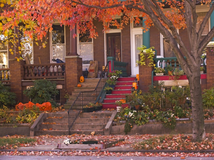 Des feuilles orange vif pendent devant les porches des maisons en rangée en automne.