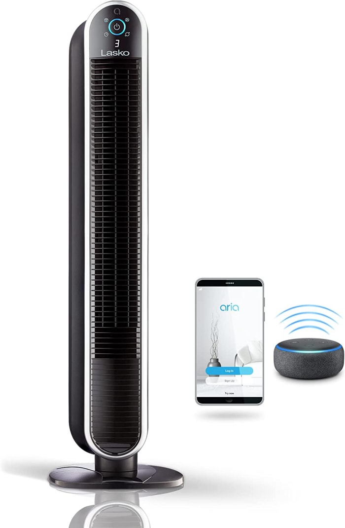 Lasko 40" Smart Oscillating Tower Fan Powered by Aria, Wi-Fi Connected, Voice Controlled, Compatible with Alexa and Google Assistant, Timer, 5-Speeds, Black.