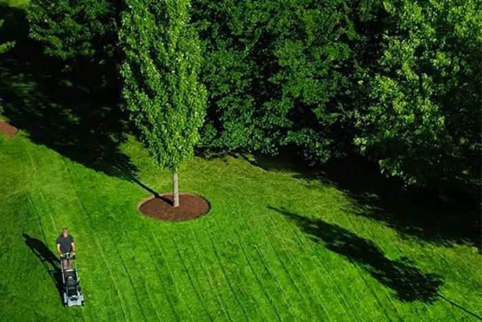 Une vue aérienne lointaine d'une grande pelouse tondue par la meilleure option de tondeuse à gazon autopropulsée