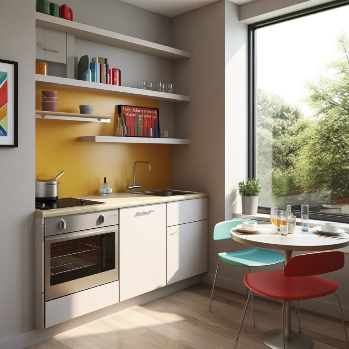 Petite kitchenette avec mur jaune.