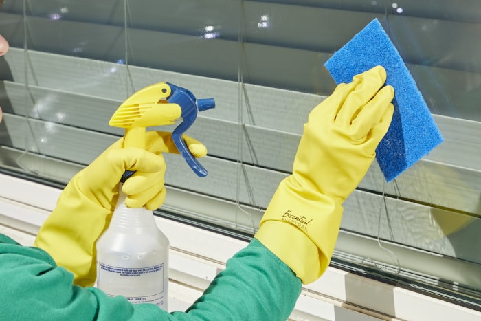 Femme nettoyant une fenêtre extérieure à l'aide d'un vaporisateur et d'une éponge bleue.