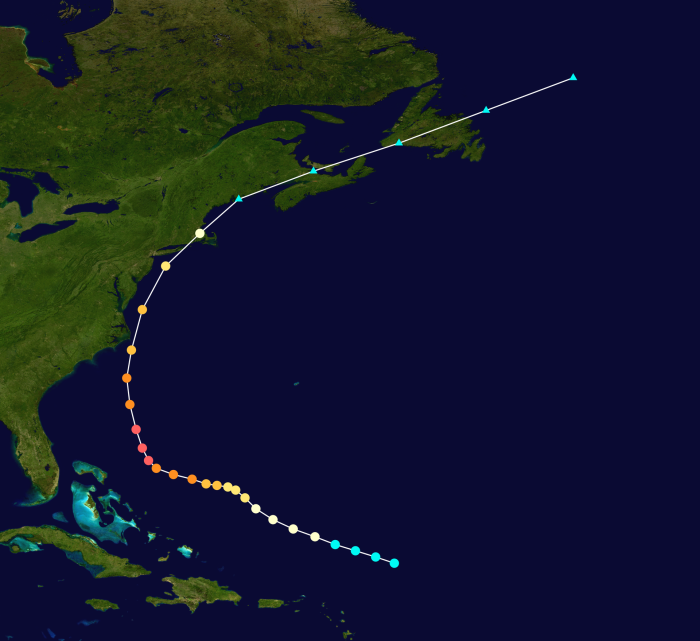 Carte montrant la trajectoire et l'intensité de la tempête, selon l'échelle de Saffir-Simpson