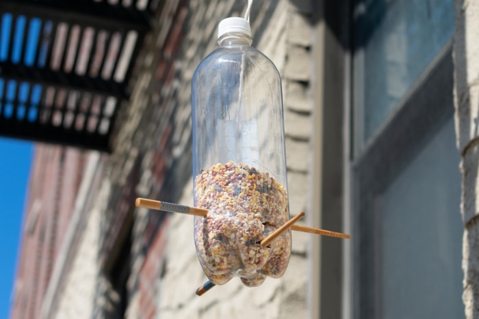 Gros plan sur une mangeoire artisanale en plastique remplie de graines pour oiseaux, suspendue à l'extérieur d'un immeuble d'habitation à New York.