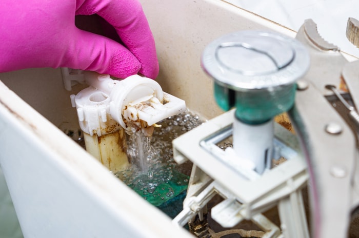 Une main gantée de rose pénètre dans le réservoir d'une toilette ouverte, qui présente des signes de tartre important et une possible accumulation de moisissure.