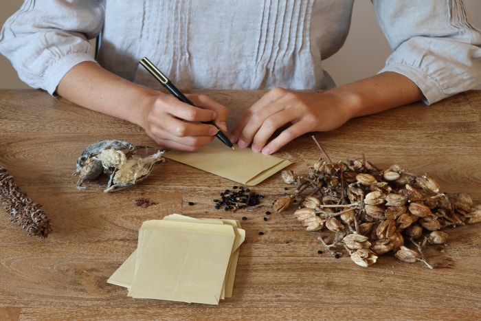 Femme assise à une table en bois avec des graines séchées et des enveloppes pour la conservation des graines en automne.