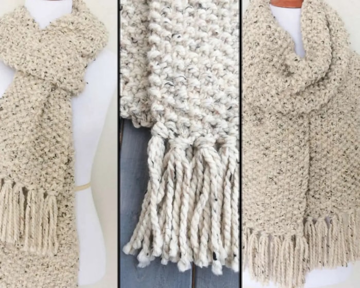 modèles de tricot pour débutants - trois vues d'une écharpe tricotée beige