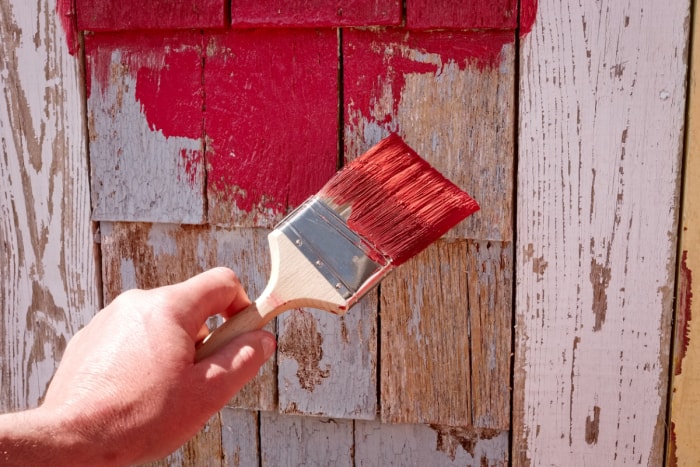 pourquoi les granges sont rouges - main tenant un pinceau avec de la peinture rouge