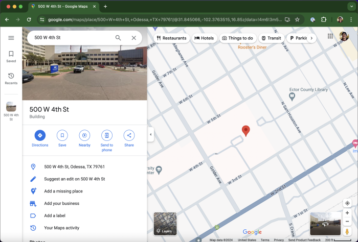 Capture d'écran OSX d'un onglet Google Maps dans le navigateur Chrome d'iOS. L'adresse « 500 W 4th St » est épinglée.