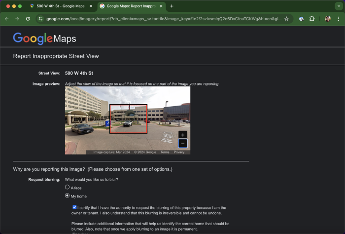 Le formulaire Google Maps permettant de flouter et/ou de signaler des données cartographiques incorrectes, avec un carré rouge réglable sur une image Street View représentant la zone signalée pour examen.