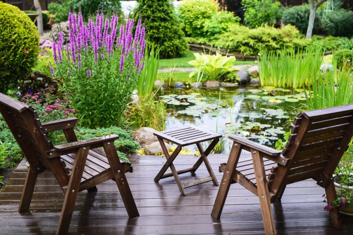 Ensemble de terrasse en bois à lattes avec vue sur l'étang du jardin.