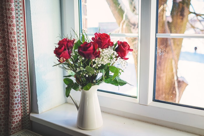 Roses rouges dans un vase sur le rebord de la fenêtre