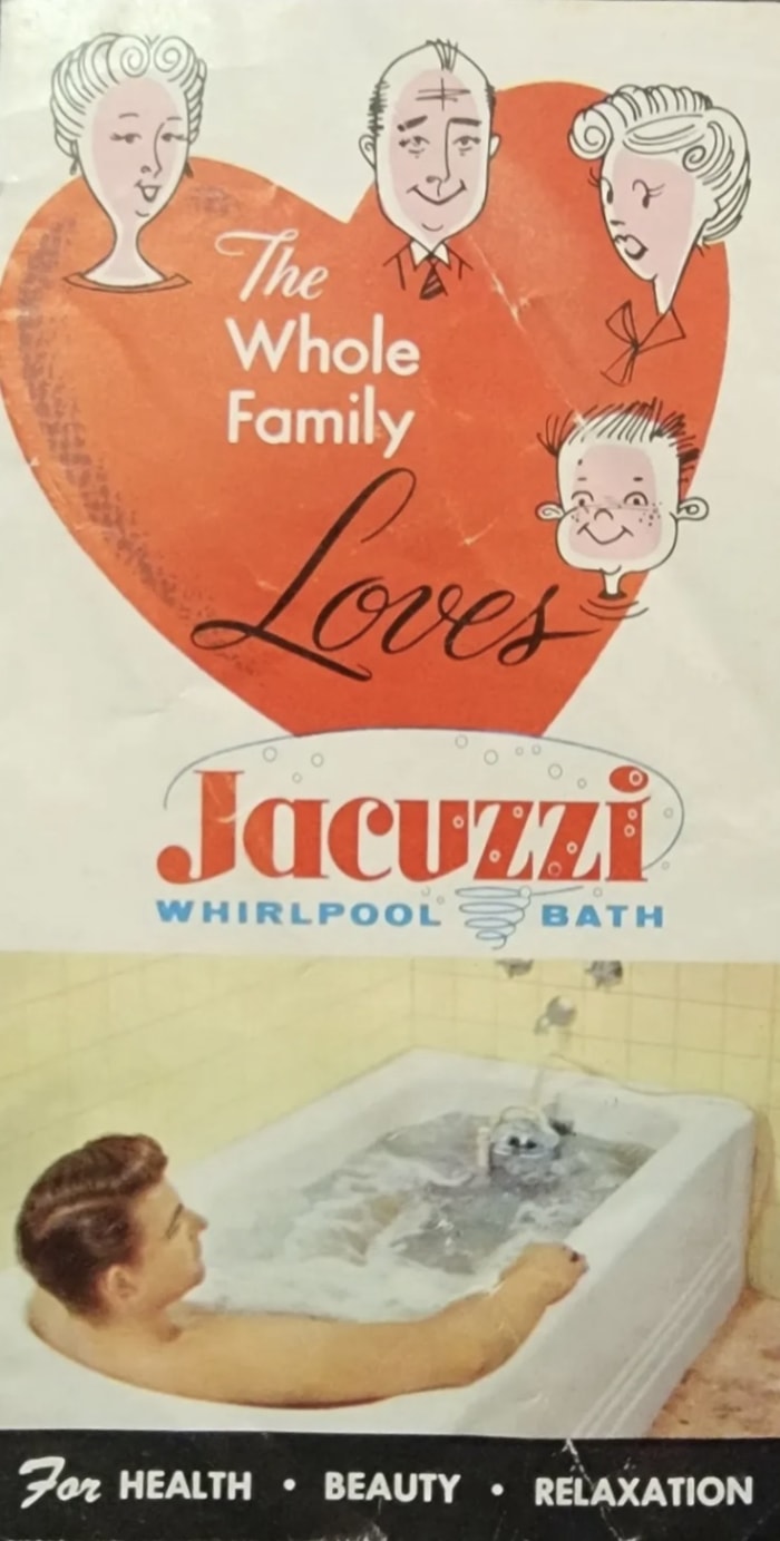 Une brochure vintage en couleur pour un bain à remous Jacuzzi avec un cœur et un homme dans une baignoire.