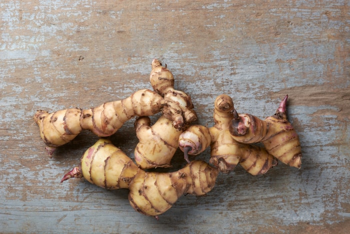 canna lily rhizomes on wood table