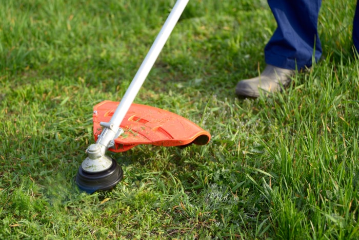 vue rapprochée d'un coupe-herbe coupant l'herbe