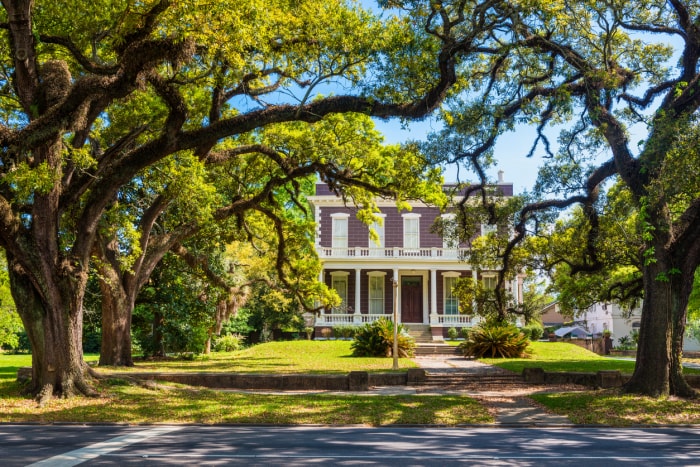 maison historique mobile de l'Alabama, grands arbres sur la pelouse