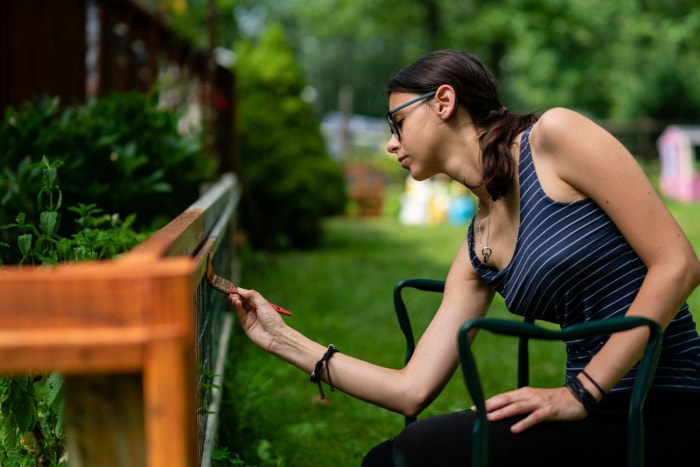 Une femme peint une clôture. 