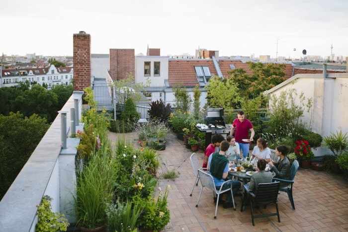 Un groupe de personnes faisant griller des aliments sur une terrasse sur le toit avec un grand jardin.