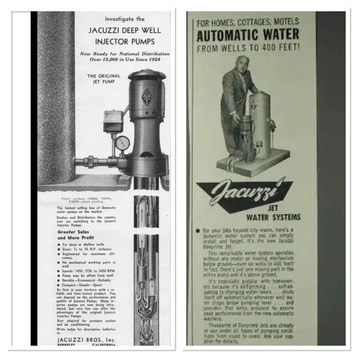 Deux coupures de presse montrent une publicité de 1939 pour les pompes d'injection pour puits profonds Jacuzzi et une publicité de 1958 pour les systèmes d'eau à jet Jacuzzi.