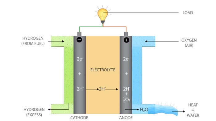 infographie représentant une ampoule alimentée par de l'hydrogène et de l'eau pénétrant dans le dispositif par des extrémités opposées