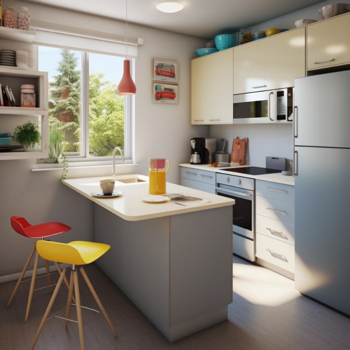 Petite kitchenette avec des chaises jaunes et rouges.