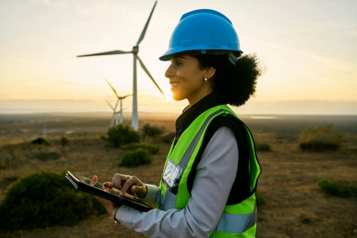 Une ouvrière coiffée d'un casque bleu sourit tandis que des éoliennes tournent derrière elle. 