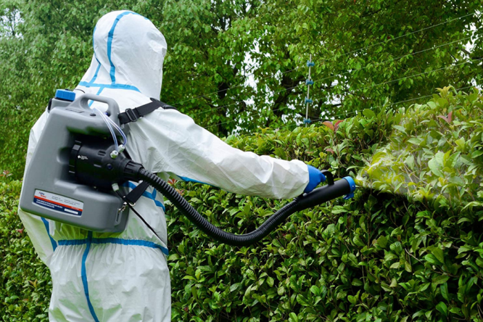 Un homme en salopette utilise un pulvérisateur à dos sur une haie