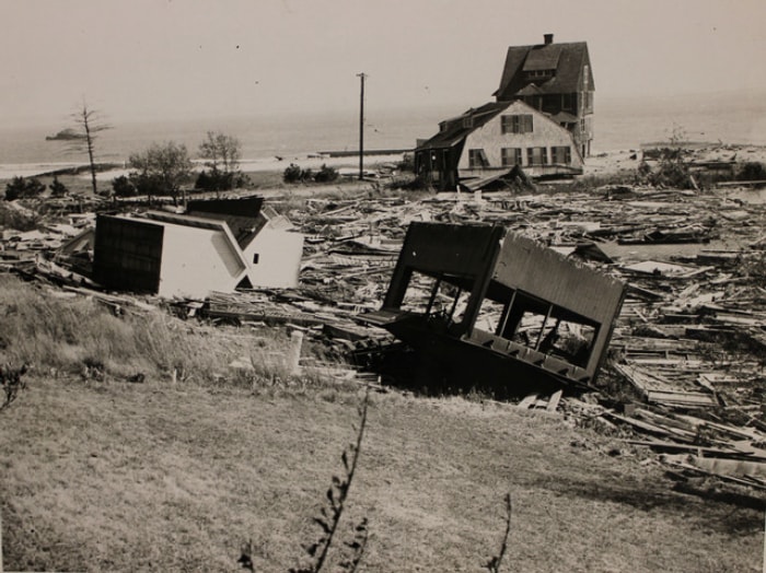 Dégâts sur la plage Crescent Beach à East Lyme, Connecticut, causés par l'ouragan de 1938