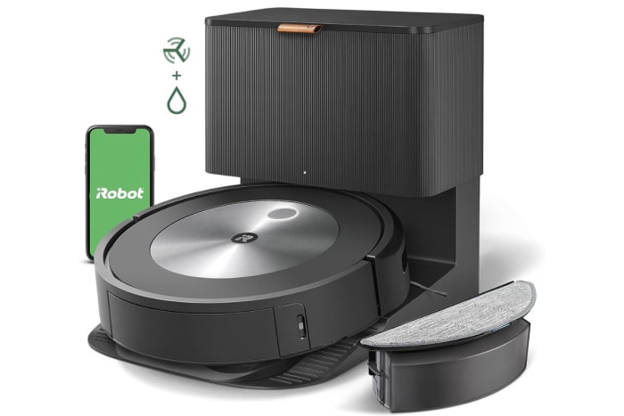 iRobot Roomba j5+ Robot Aspirateur Vadrouille avec Smartphone affichant l'application mobile iRobot