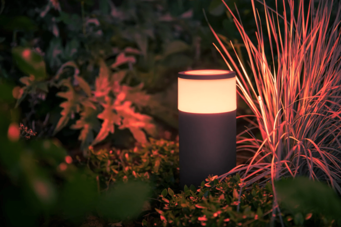 gros plan d'un petit luminaire cylindrique projetant une lumière rouge sur les plantes du jardin