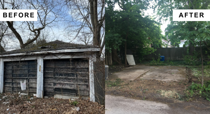 Une photo avant et après d'un garage condamné et démoli.