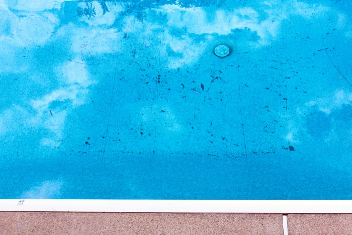 A mostly clean swimming pool with with many spots of visible black algae growth on its bottom.