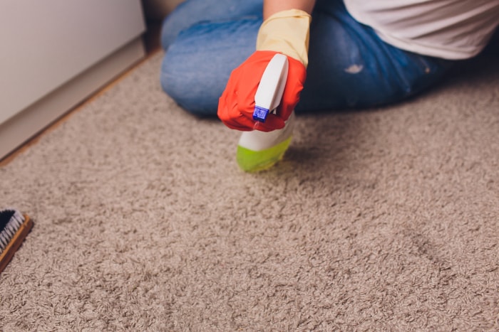 Femme vaporisant une solution de nettoyage sur un tapis beige en portant des gants rouges.