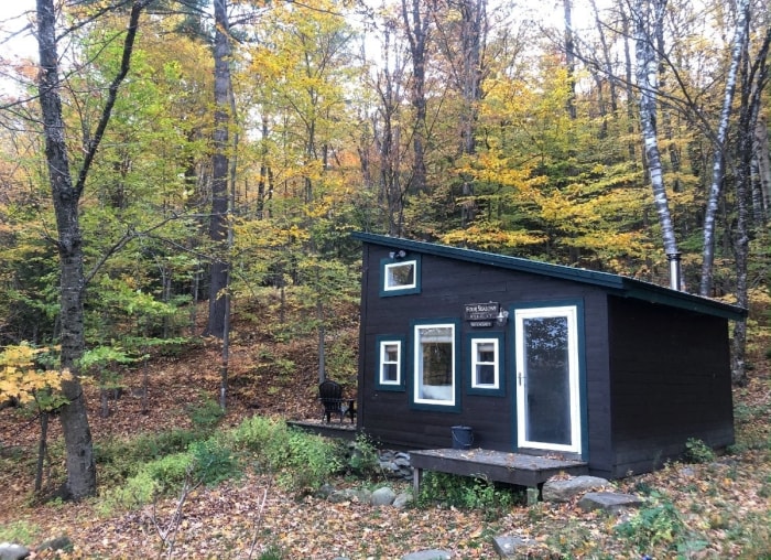 Petite maison de couleur sombre dans les bois