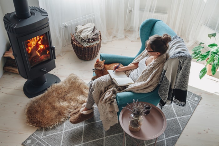 crédit d'impôt pour l'amélioration de l'efficacité énergétique de l'habitat - femme dans une chaise bleue avec un chat devant un poêle à bois dans une pièce blanche