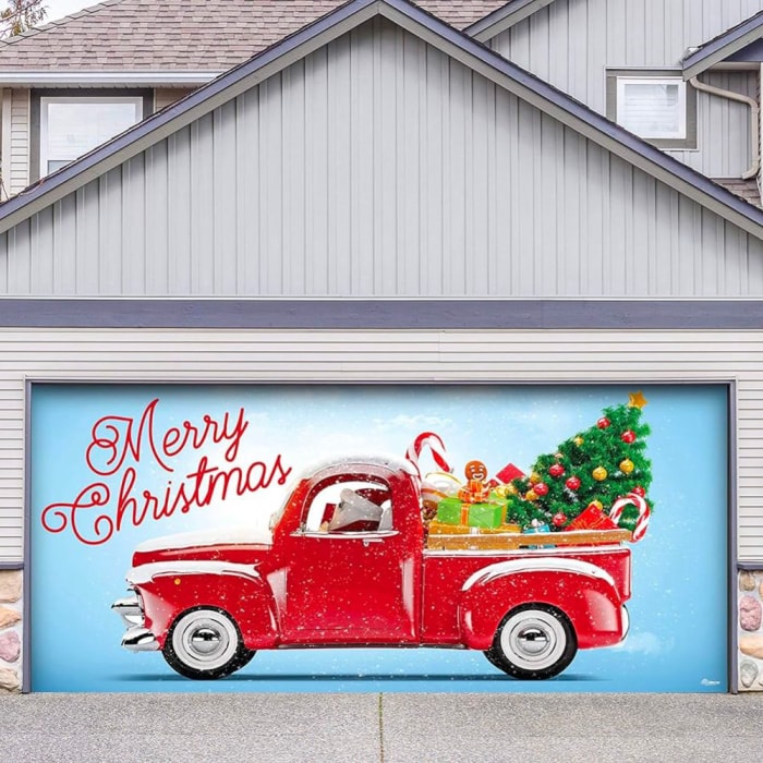 La meilleure option de décoration de Noël pour porte de garage : bannière de Noël du camion rouge Victory Corps 