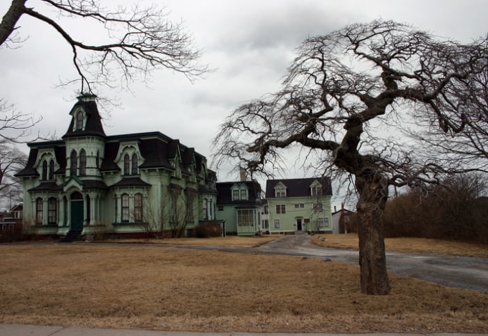 Style de maison hantée maison verte gothique avec arbres d'hiver