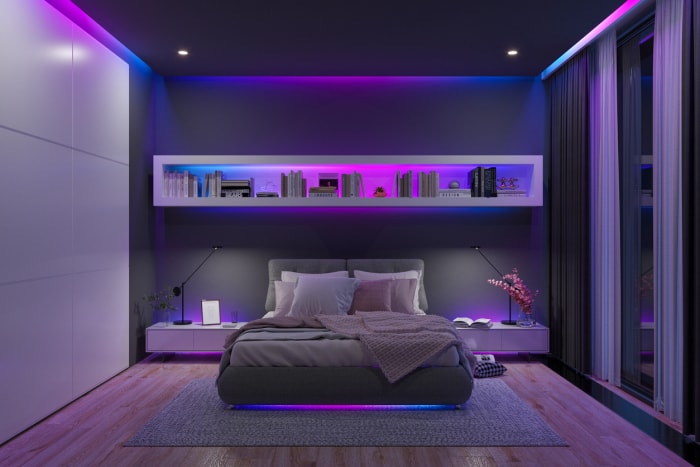 chambre à coucher de style moderne-avec-lumières-guidées-dans-l'étagère-et-toutautour-de-la-pièce