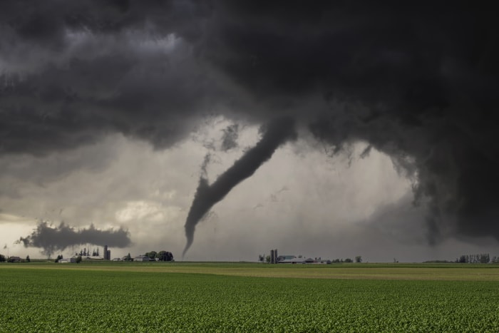 Une tornade sombre et puissante entourée de nuages d'orage touche le sol au-dessus d'un champ.