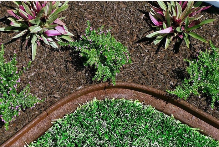 Un parterre de fleurs avec un revêtement en caoutchouc entourant le paillis.