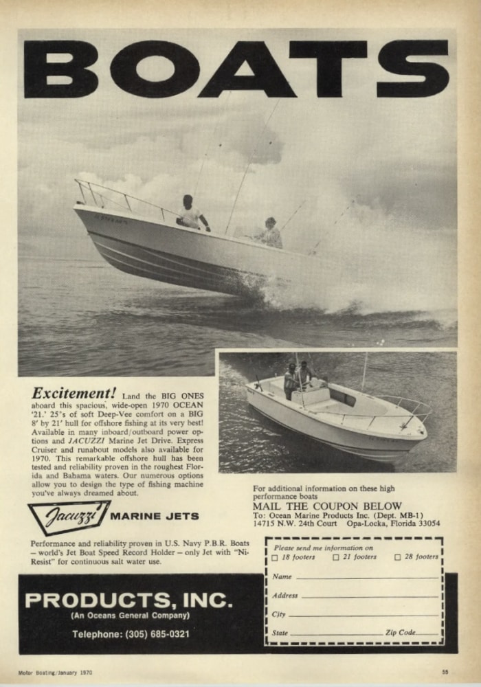 Une publicité vintage du magazine Motor Boating de 1970 pour le Jacuzzi Marine Jet Drive.