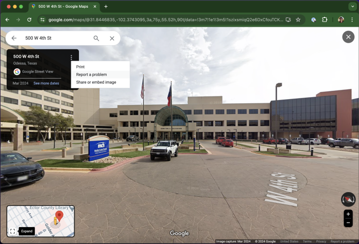 Capture d'écran d'un exemple OSX d'un panorama Google Street View dans un onglet du navigateur Web iOS Chrome. L'adresse recherchée est la suivante : « 500 W 4th St. »