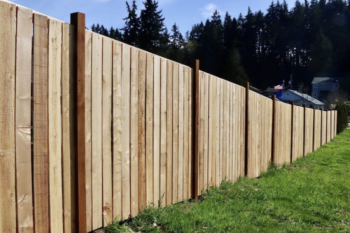 Une clôture en pin borde une arrière-cour dans un quartier avec un drapeau américain et une forêt au loin.