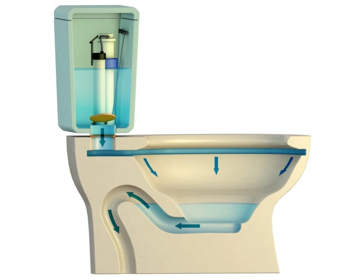 Un diagramme en coupe transversale rendu en 3D d'une toilette à chasse d'eau par gravité montrant comment l'eau s'écoule dans la cuvette et dans les tuyaux situés en dessous lors de la chasse d'eau.